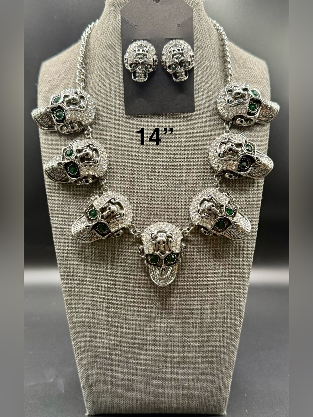Silver Skull Necklace with Green Accents
